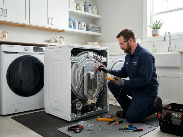 Appliance Repair Hero technician checking a dryer heating element with the rear panel off in Avondale, AZ