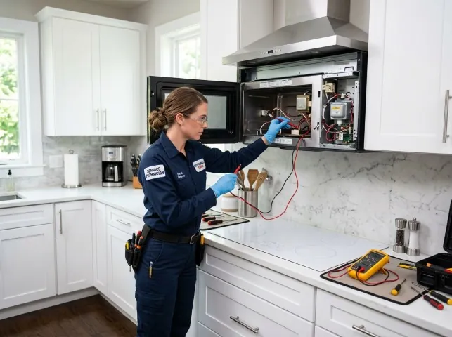 Appliance Repair Hero technician testing an over-the-range microwave in a Avondale, AZ kitchen