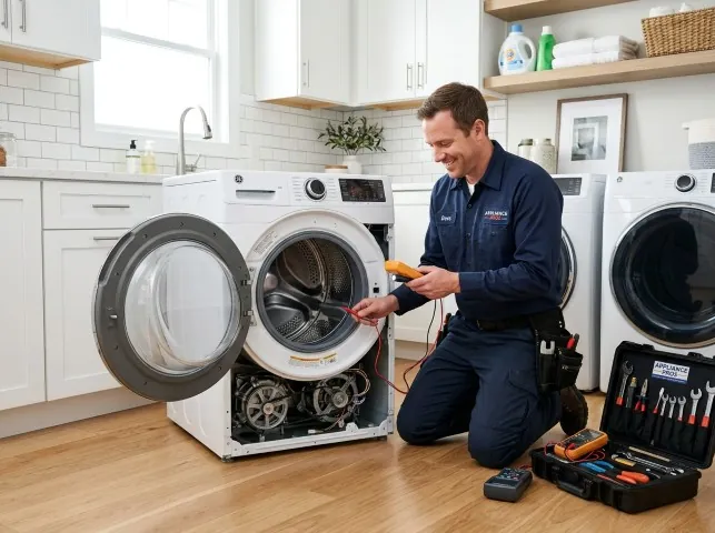 Appliance Repair Hero technician testing a front-load washer with a multimeter on a Avondale, AZ service call